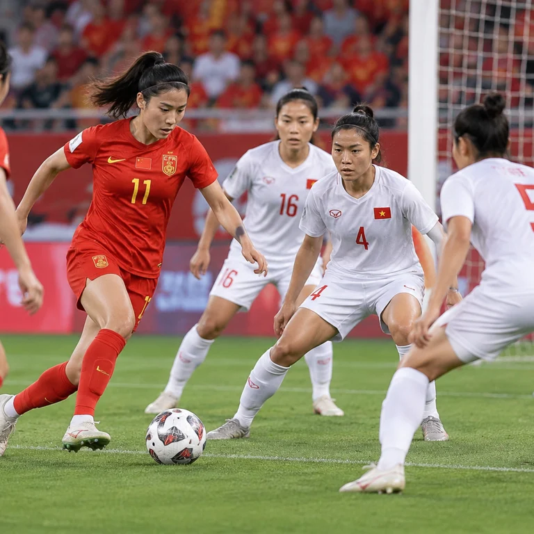 中国女足围绕禁区组织进攻，越南女足集中防守