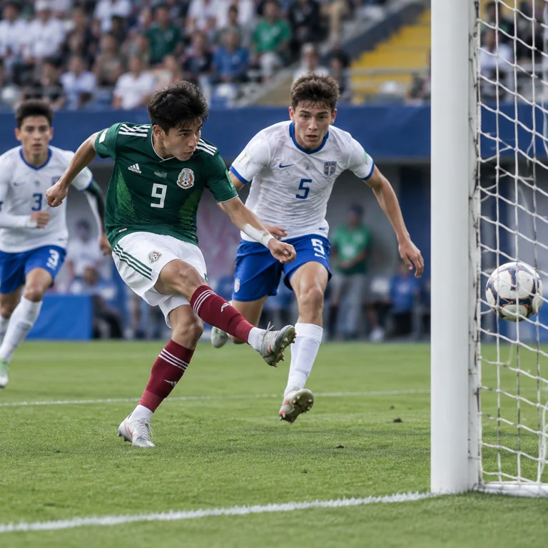 墨西哥U17进攻球员沿边路推进，防守队员回追封堵射门角度