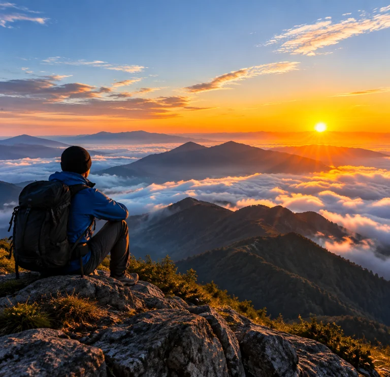 山顶日出与登山者剪影组成的休假主题配图